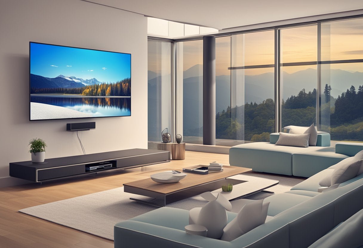 IPTV M3U Playlist: The Best Way to Use 1clicktv to Stream Live TV in 2025 1 An electronic device streaming IPTV M3U playlist on a high-definition television screen with a modern living room setting in the background