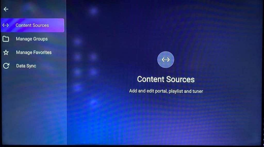 Ecrã do gestor de fontes na aplicação MYTV Online 3 ao tentar configurar a IPTV no Formuler Z11
