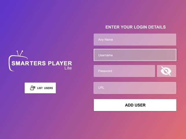 Login-interface til IPTV Smarters Pro-applikationen vist på en lilla baggrund med gradient. Skærmen opfordrer til at "INDGIV DINE LOGIN-DETALJER" med felter til "Ethvert navn", "Brugernavn", "Adgangskode" og en URL-pladsholder. Under login-felterne er der to knapper: "CONNECT VPN" og "LIST USERS" og en større "ADD USER"-knap i bunden. IPTV Smarters Pro-logoet er synligt i øverste venstre hjørne.